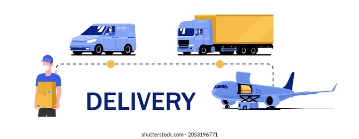 Concepto de servicio de entrega con vehículos, personas y aviones diferentes. Ilustración vectorial.