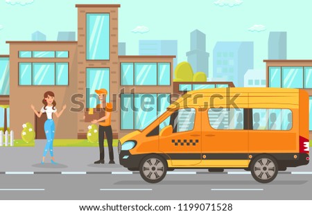 Delivery Service Concept. Driver Services in City. Transportation company Business. Courier with Parcel on Background of Van. delivery workers Set. Vector Cartoon Flat Illustration.