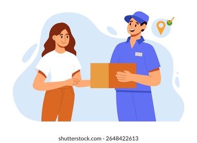 Delivery Service Concept. Fast Delivery Man Give Package to Customer Door. Vector Illustration in Flat Style.