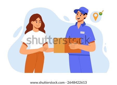 Delivery Service Concept. Fast Delivery Man Give Package to Customer Door. Vector Illustration in Flat Style.