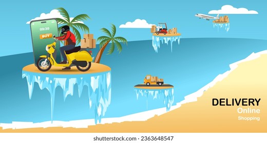 Delivery service concept with fast scooter,plane,truck,forklift deliveries in worldwide. Concept for delivery websites, banners, apps, posters, mobile platforms, with sand beach natural background.