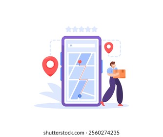 delivery service concept. five star package delivery. sending ordered goods. illustration of a male courier delivering a package to the recipient's location. smartphone displays customer location