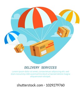 Delivery service concept. Flat design colored vector illustration of packages with parachutes. Fast Delivery Service, Parcels Delivery, Free shipping web banners template. Vector illustration