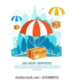 Delivery service concept. Flat design, packages with parachutes on Urban landscape in flat style. Fast Delivery Service, Fast shipping web banners template. Blue city silhouette background. Vector