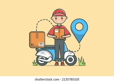 Delivery service concept in flat line design. Fast shipping color outline scene. Man courier holding parcel while standing by motorcycle with boxes and pin location. Vector illustration with web icon