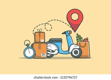 Delivery service concept in flat line design. Courier shipping color outline scene. Objects composition with motorcycle, bag with food, boxes, clock and pin location. Vector illustration with web icon