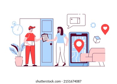 Delivery service concept in flat line design. Courier delivers parcel. Woman receives order at home by tracking package on mobile phone app. Vector illustration with outline people scene for web