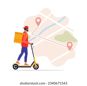 Delivery service concept, food delivery. Man courier riding electric scooter with yellow package product box. Map with red pins, Vector illustration