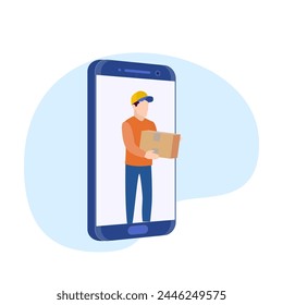 Delivery service concept. Free delivery, online buy. Courier with a box comes through smartphone screen. Express delivery app concept. Vector illustration in flat style