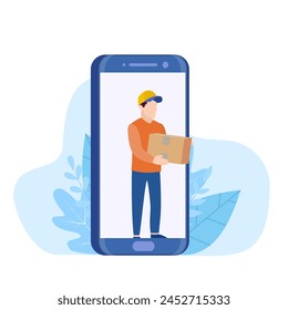 Delivery service concept. Free delivery, online buy. Courier with a box comes through smartphone screen. Express delivery app concept. Vector illustration in flat style