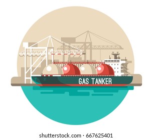 Delivery service concept. Gas tanker ship loading, sea freight. Flat style vector illustration.