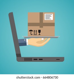 Delivery service concept. Hand with a package on the cloche going from laptop screen. Vector illustration flat design.
