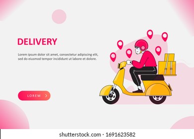 Delivery service concept, happy delivery man riding scooter or moped to deliver packages to destination in time, vector illustration