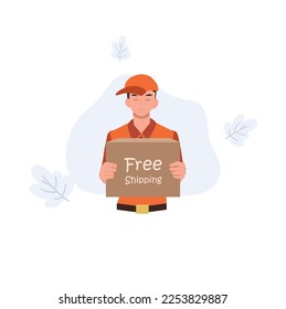 Delivery service concept. Happy smiling Delivery man with parcel post box and text space "free shipping". Flat vector illustration 
