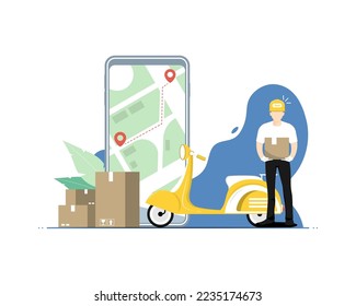 Concepto de servicio de entrega, Correo humano con navegador de aplicaciones en smartphone, ilustración de marketing digital.