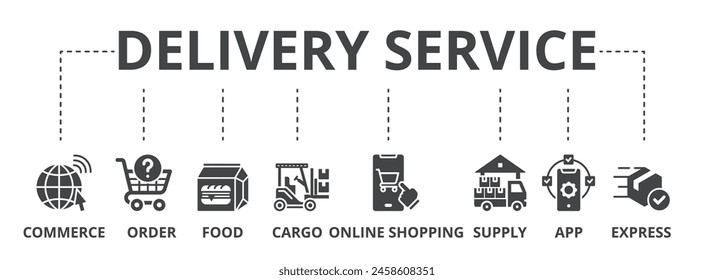Delivery service concept icon illustration contain commerce, order, food, cargo, online shopping, supply, app and express.