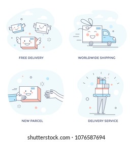 Delivery service concept icons, happy cute vector illustration