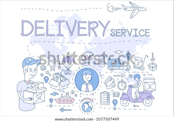 Delivery service concept illustration. Icons\
in linear style. Delivery boy and manager, transport, payment with\
cards. Vector design for mobile\
app