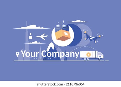 delivery service concept illustration vector. delivering by air, truck and drone flat style concept. international shipping
