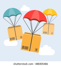 delivery service concept illustration vector, parcel with parachute for shipping, flat design vector