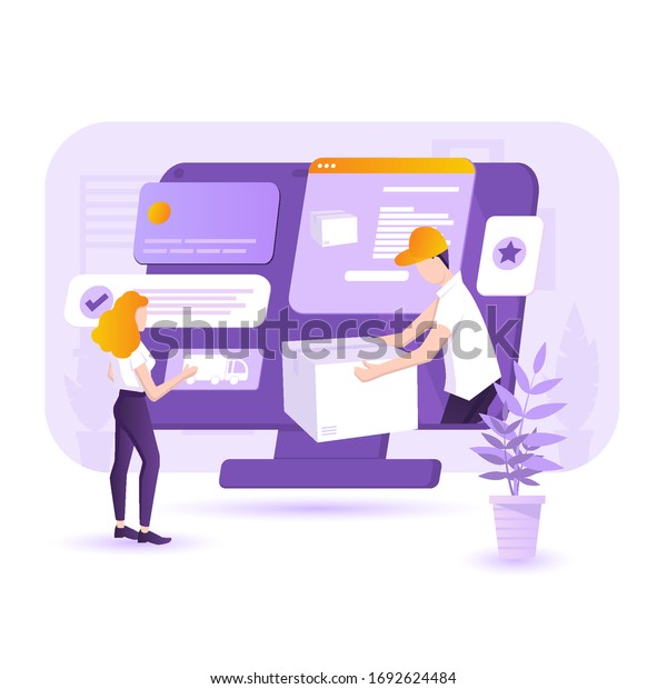 Delivery service\
concept illustration. Woman is shopping online with delivery\
service. Delivery man in a cup is holding package in arms. Modern\
flat style vector\
illustration.
