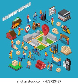 Delivery service concept isometric composition with warehouse cargo and people vector illustration