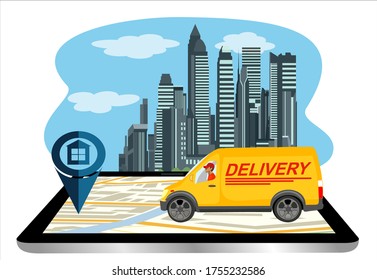 Delivery service concept. Isometric concept of delivery service, courier service, goods shipping, food online ordering in flat vector. Free delivery, online buy, ecommerce shop logistic.