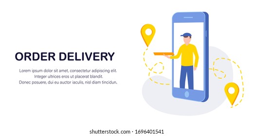 Delivery service concept. Isometric landing page template of delivery service, courier service, goods shipping, food online ordering in flat vector. Free delivery, online buy, ecommerce shop logistic.