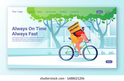 Delivery service concept for landing page, web site design. Courier character shipping parcels by bicycle. Fast delivery of food, letters, household and personal items. Vector flat cartoon young man