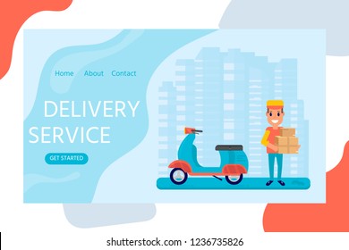 Delivery service concept for landing web page, mobile apps with smiling couriers with cardboard box and scooter. Horizontal web banner in flat design with shipping package. Vector illustration