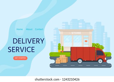 Delivery service concept for landing web page, mobile apps with store, parcel and truck. Horizontal web banner in flat design with shipping package. Vector illustration for website. 