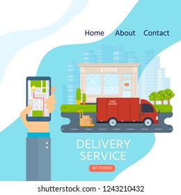 Delivery service concept for landing web page, mobile apps with store, parcel and truck. Horizontal web banner in flat design with shipping package. Vector illustration for website. 