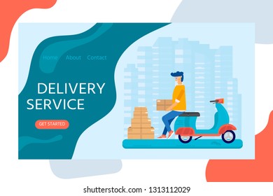 Delivery service concept for landing web page, mobile apps with smiling couriers, parcel. Horizontal web banner in flat design with shipping package. Vector illustration for website.