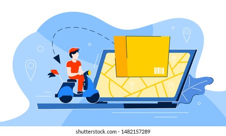 Delivery service concept. Logistic and transportation. Shipment of parcel to the home. City map on the screen. Vector illustration in flat style