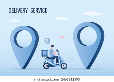 Delivery service, concept. Male courier or delivery man drive motorbike with parcel. Fast shipping. Courier drive from one navigation pointer to new delivery place. Express shipping, logistic. vector