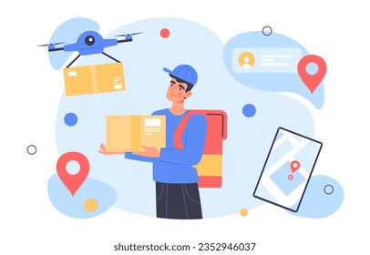 Delivery service concept. Man with box and bag near drone. Artificial intelligence and production automation. Online shopping and electronic commerce. Cartoon flat vector illustration