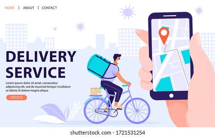 Delivery service concept. Man courier riding bicycle with delivery bag and box in respiratory mask. Hand holding smartphone for tracking delivery. Mobile App. Vector web page banner illustration.