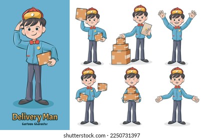 Delivery service concept. Delivery man creation set many pose in uniform and parcel box for use in artwork advertising or web page