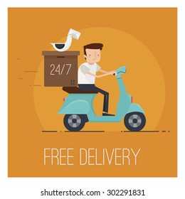 Delivery service concept. Man driving scooter. Vector illustration
