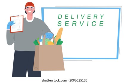 
Delivery service service concept. The man holds out a bag of groceries. Grocery list. Delivery service text. Flat vector illustration