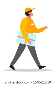 Delivery service concept. Delivery man on his way to costumer. Courier in uniform holding box. Isolated flat vector illustration
