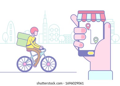 Delivery service concept. Delivery man on a bike with a parcel with city skyline in the background. Online order, technology and logistics. Vector illustration 