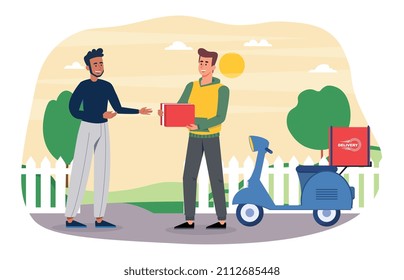 Delivery service concept. Man on scooter hands package to another character. Courier completed order. Modern service and globalization, convenience and comfort. Cartoon flat vector illustration