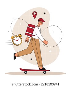 Delivery service concept. Man with red backpack on back riding skateboard, trying to get order in time. Poster or banner for website. Transport courier, deadline. Cartoon flat vector illustration