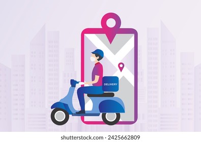 Delivery service concept, delivery man riding motorbike to delivery stuffs for customer with gps navigation on mobile location  vector illustration