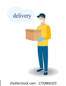 delivery service concept, men delivers an order, online ordering goods, order tracking, delivery home and office. courier, deliveryman in respiratory mask. Vector illustration