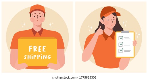 Delivery service concept. Delivery men standing with parcel post box and text space free shipping vector illustration. Female delivery service with clipboard showing thumb up. completed task concept svg
