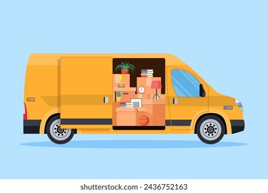 Delivery service concept. moving house. Open delivery van with furnitures and cardboard boxes. Family relocated to new home. Vector illustration in flat style