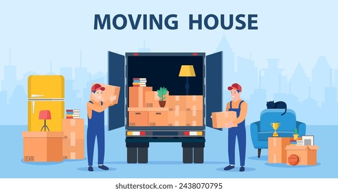 Delivery service concept. moving house. Man with cardboard boxes. Truck for transportation of goods loaded with cardboard boxes. Delivery truck with a bunch of boxes. Vector illustration in flat style