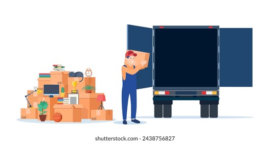 Delivery service concept. moving house. Man with cardboard boxes. Truck for transportation of goods loaded with cardboard boxes. Delivery truck with a bunch of boxes. Vector illustration in flat style